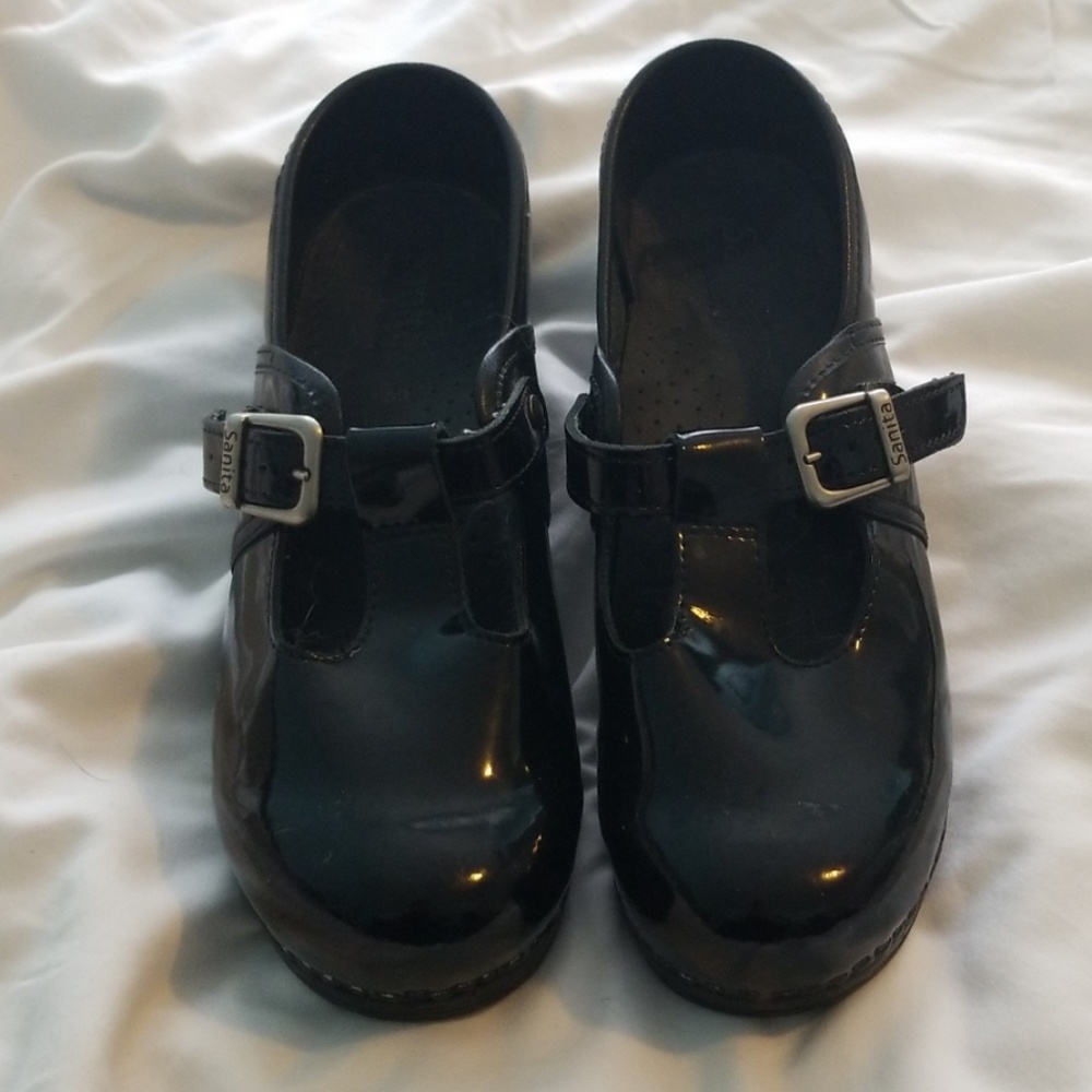 Sanita Black Patent Leather T-strap Mary Jane Clog